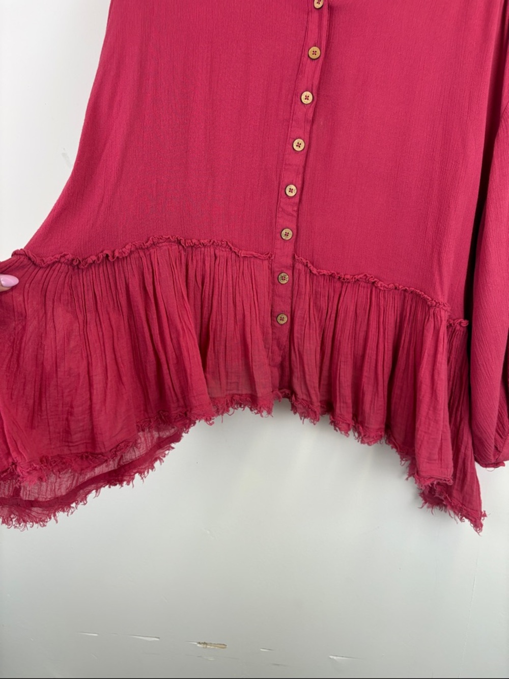 Free People Pink Gauze Button Front Peplum Top XL Boho Flowy Raw Hem Blouse - Picture 7 of 11